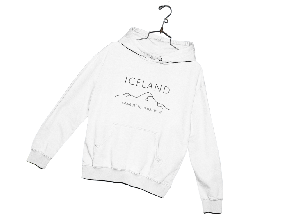 white hoodie on a hanger with printed mountains and text that says Iceland